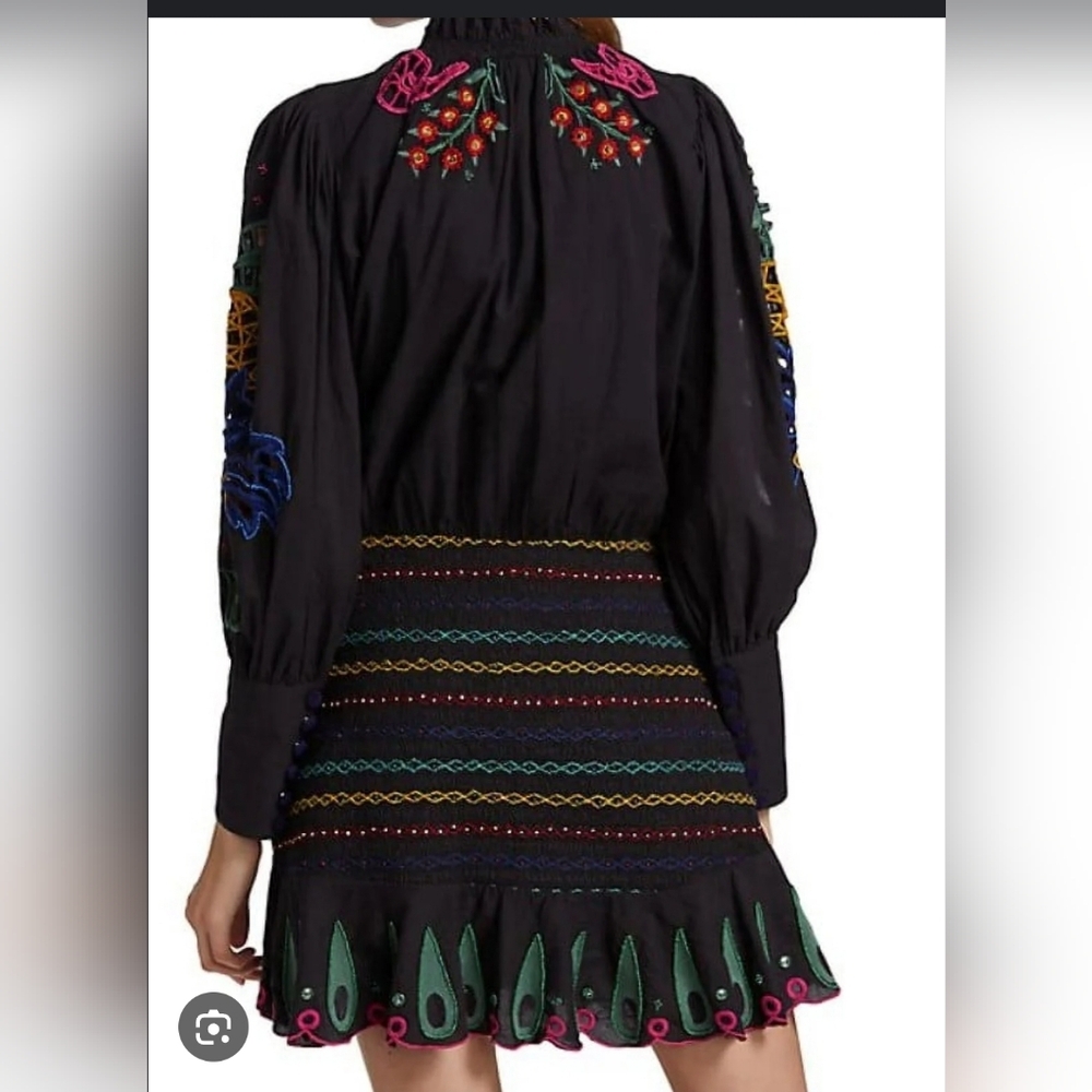 FarmRio Embroidered Puffsleeve  Black Dress Colorful Parrot Design Romantic Sz M - Picture 3 of 16